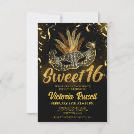 Invitación Dulce máscaras de Purpurina negro y dorado 16