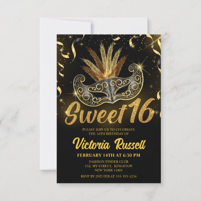 Invitación Dulce máscaras de Purpurina negro y dorado 16 (Anverso)