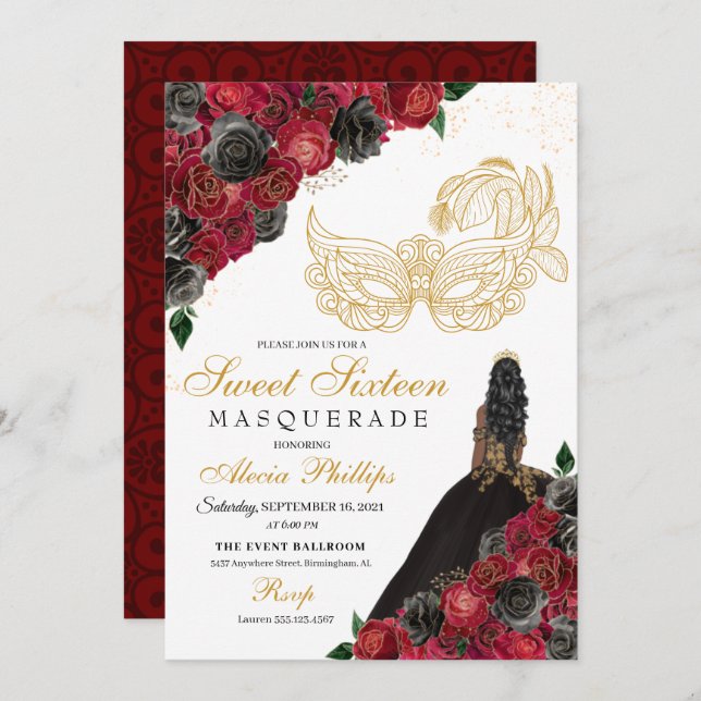 Invitación Dulce máscaras de rosas rojas negras de oro 16 (Anverso / Reverso)
