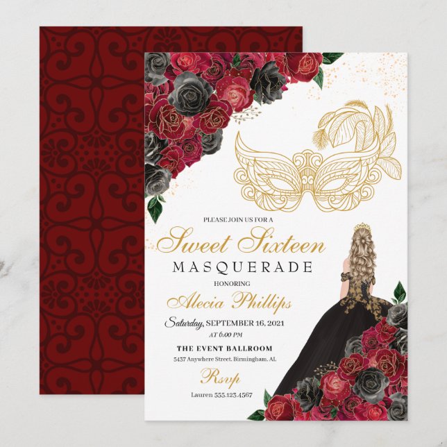 Invitación Dulce máscaras de rosas rojas negras de oro 16 (Anverso / Reverso)
