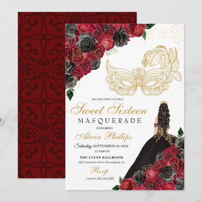 Invitación Dulce máscaras de rosas rojas negras de oro 16 (Anverso / Reverso)