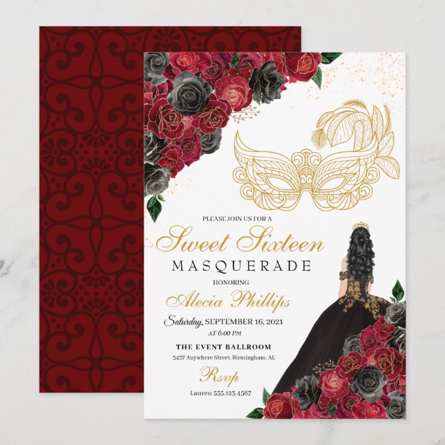 Invitación Dulce máscaras de rosas rojas negras de oro 16 (Anverso / Reverso)