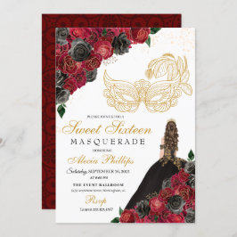 Invitación Dulce máscaras de rosas rojas negras de oro 16