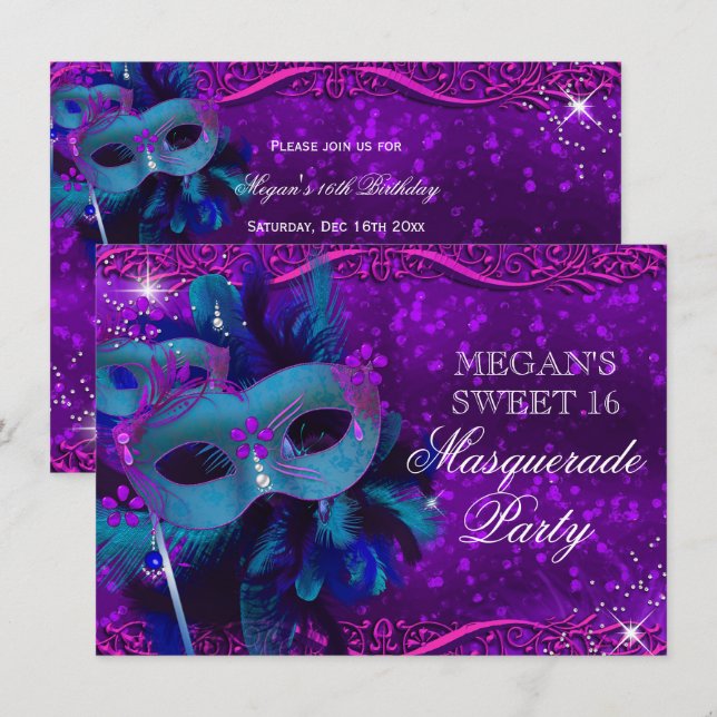 Invitación Dulce máscaras verde azuladas de piel morada de ma (Anverso / Reverso)
