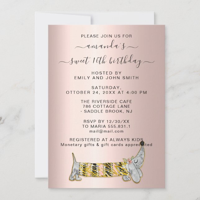 Invitación Dulce Mascota Basset Rosa Vestido Dulce 16 cumplea (Anverso)