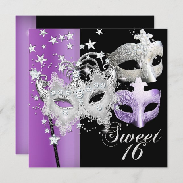Invitación Dulce Masquerade Dieciséis Dulces 16 Lilac Negro (Anverso / Reverso)