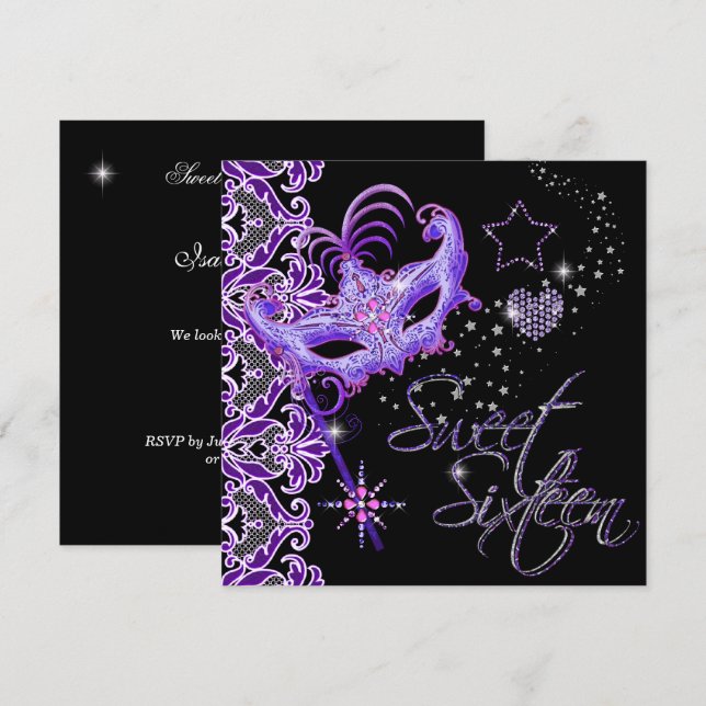 Invitación Dulce Masquerade Dieciséis Dulces 16 Negro Morado (Anverso / Reverso)