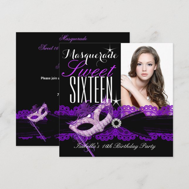 Invitación Dulce Masquerade Dieciséis Dulces 16 Negro Morado (Anverso / Reverso)