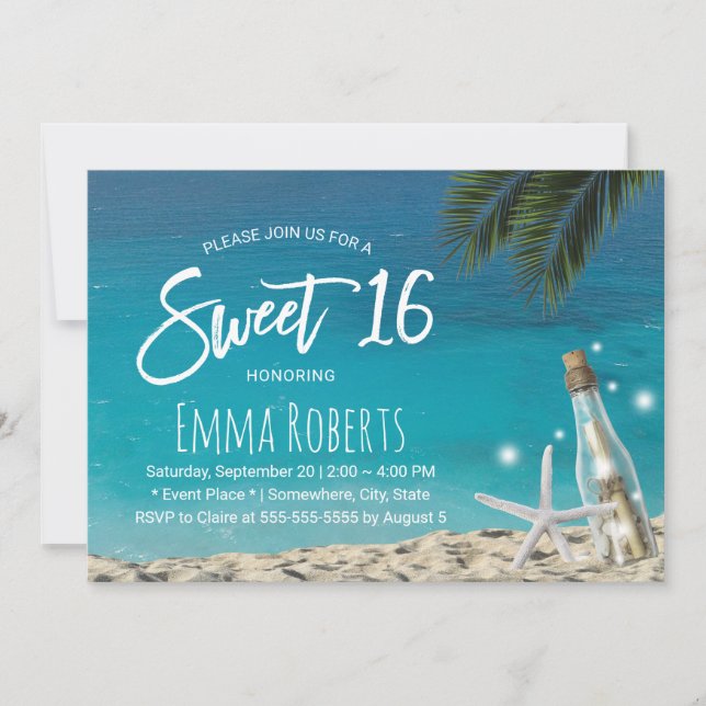 Invitación Dulce mensaje de 16 estrellas de playa tropical en (Anverso)