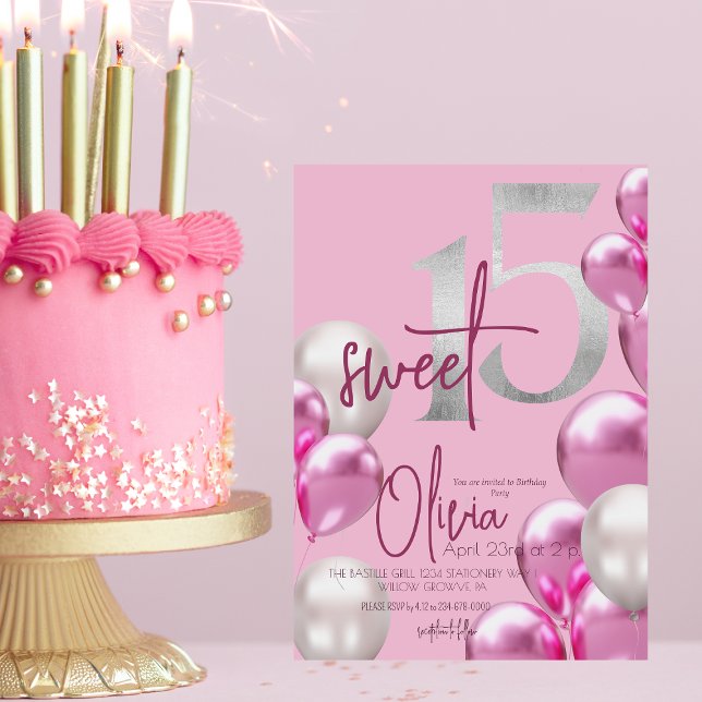 Invitación Dulce moderno 15 globos rosados plateados Cumpleañ (Subido por el creador)