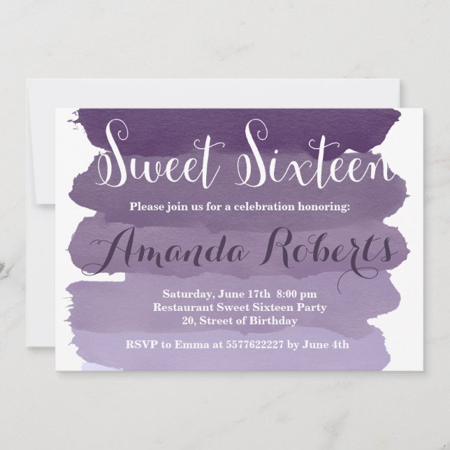 Invitación Dulce moderno 16 de la acuarela púrpura del ombre (Anverso)