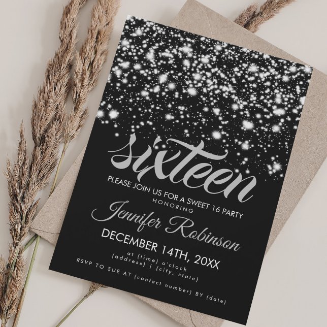 Invitación Dulce moderno 16 Plata y Negro Glam Medianoche (Modern Sweet 16 Silver & Black Midnight Glam Invitation)