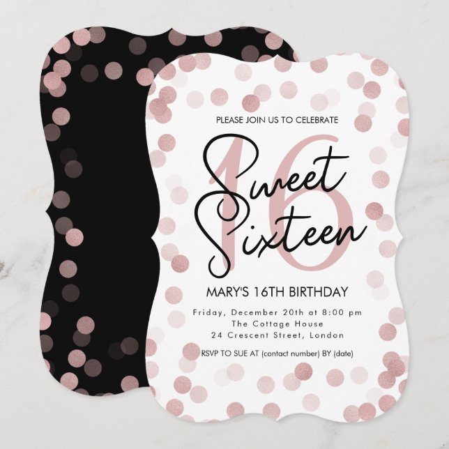 Invitación Dulce MODERNO 16 Rosa de cumpleaños Purpurina de M (Anverso / Reverso)