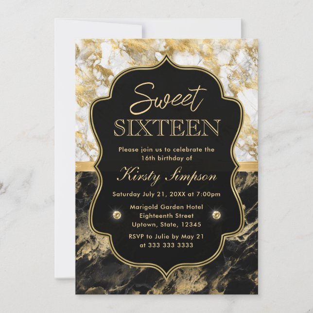 Invitación Dulce moderno de mármol negro, blanco y dorado 16 (Anverso)