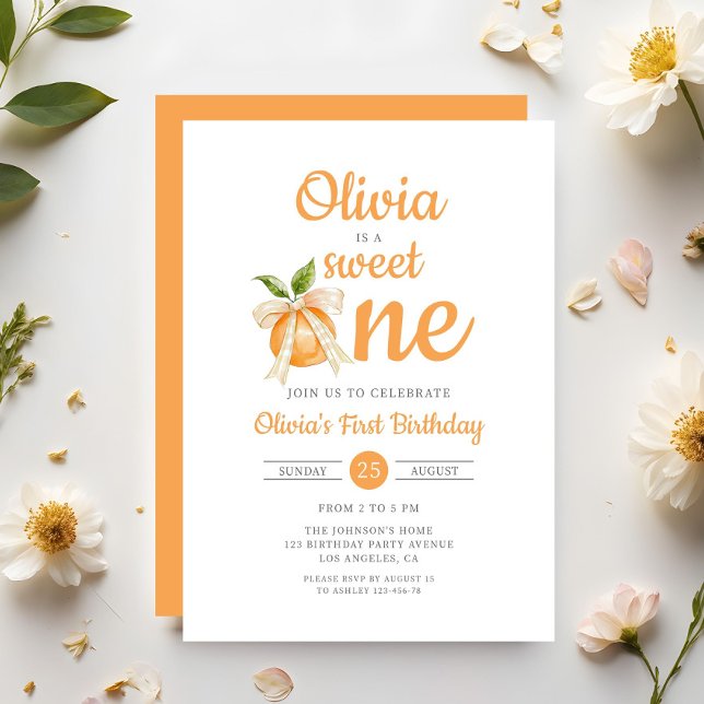 Invitación Dulce moderno Un Naranja Chica de Citrus Primer Cu (Modern Sweet One Orange Citrus Girl 1st Birthday Invitation)