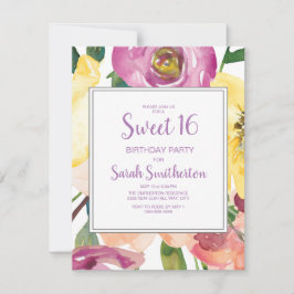 Invitación Dulce morado amarillo rosado con flores 16 cumplea