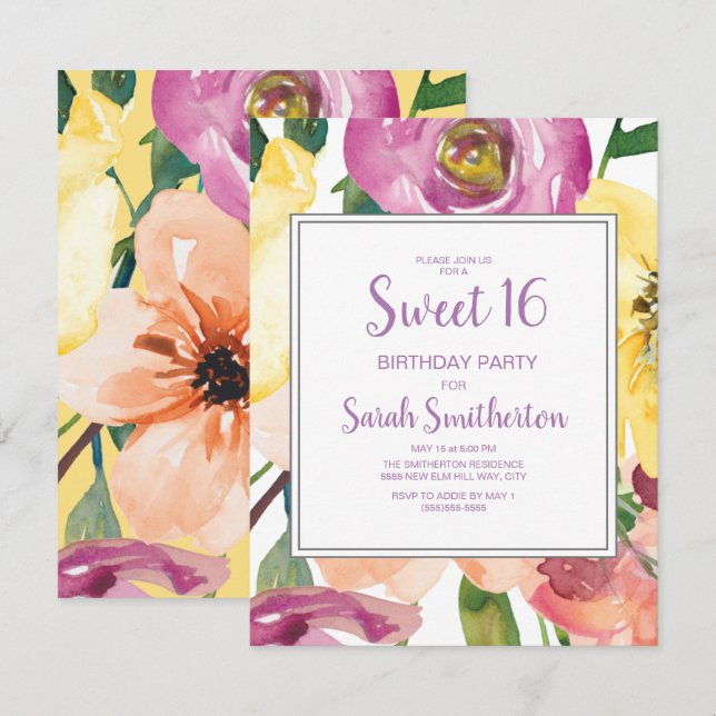 Invitación Dulce morado amarillo rosado con flores 16 cumplea (Anverso / Reverso)
