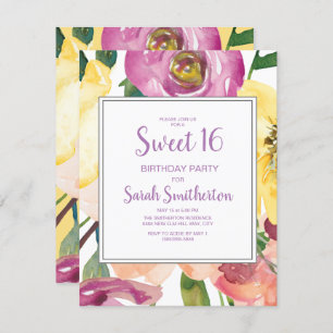 Invitación Dulce morado amarillo rosado con flores 16 cumplea