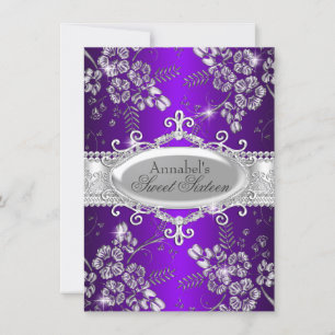 Invitación Dulce morado de flor de espuma de plata morada 16