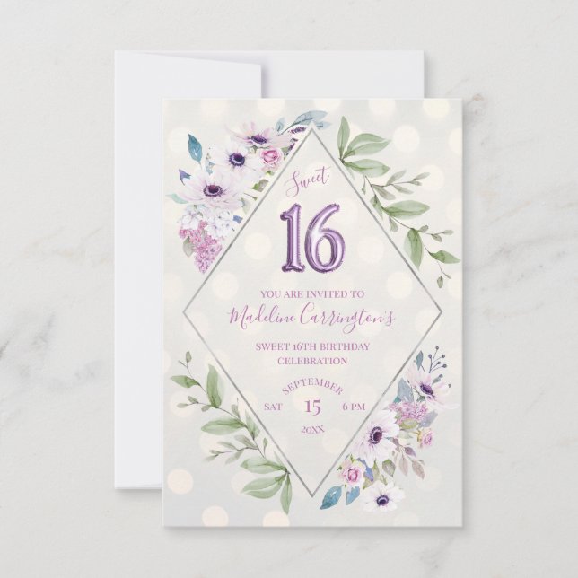 Invitación Dulce morado de flores 16 cumpleaños (Anverso)