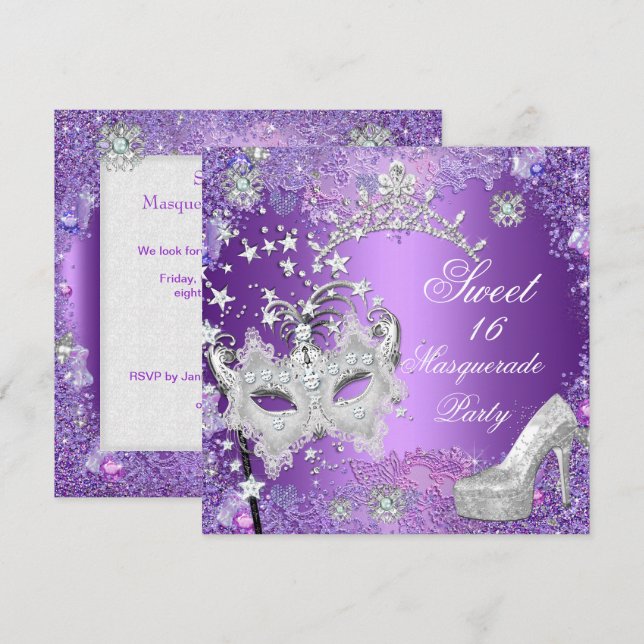 Invitación Dulce morado Dieciséis Fiesta de Mascarada Tiara (Anverso / Reverso)