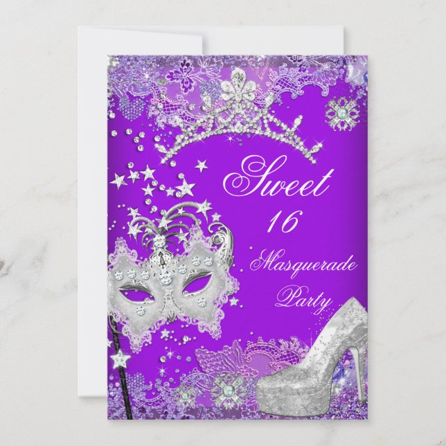 Invitación Dulce morado Dieciséis Fiesta de Mascarada Tiara 2 (Anverso)