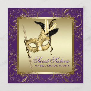 Invitación Dulce morado dorado Dieciséis Fiestas de Masquerad