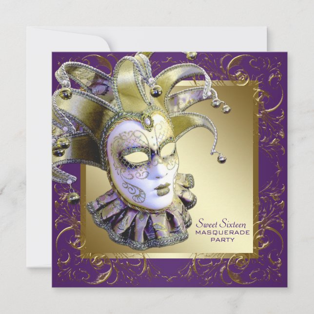 Invitación Dulce morado dorado Dieciséis Fiestas de Masquerad (Anverso)