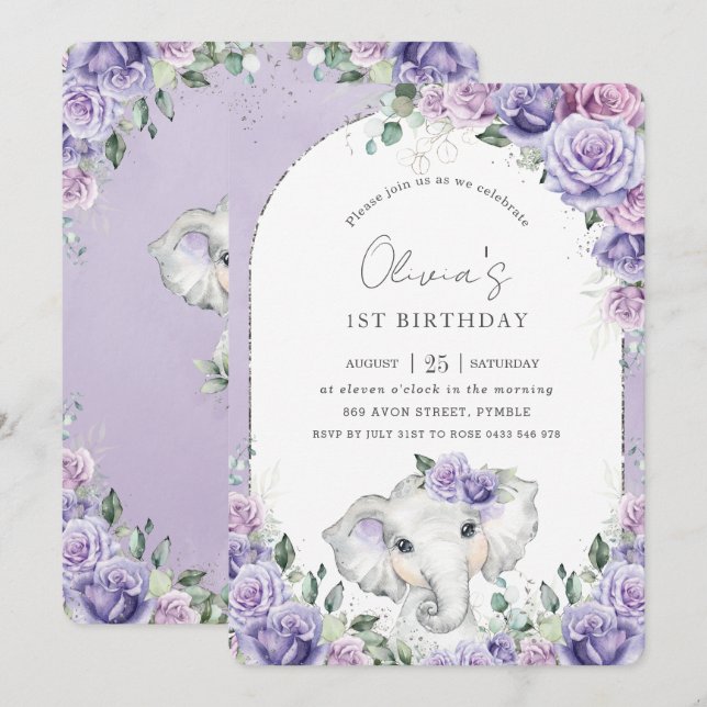 Invitación Dulce Morado Lilac Floral Elefante fiesta de cumpl (Anverso / Reverso)