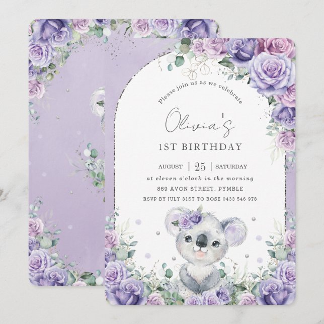 Invitación Dulce Morado Lilac Floral Koala Fiesta de Cumpleañ (Anverso / Reverso)