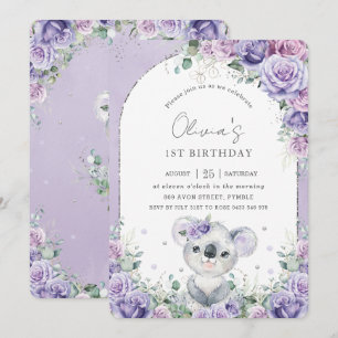 Invitación Dulce Morado Lilac Floral Koala Fiesta de Cumpleañ
