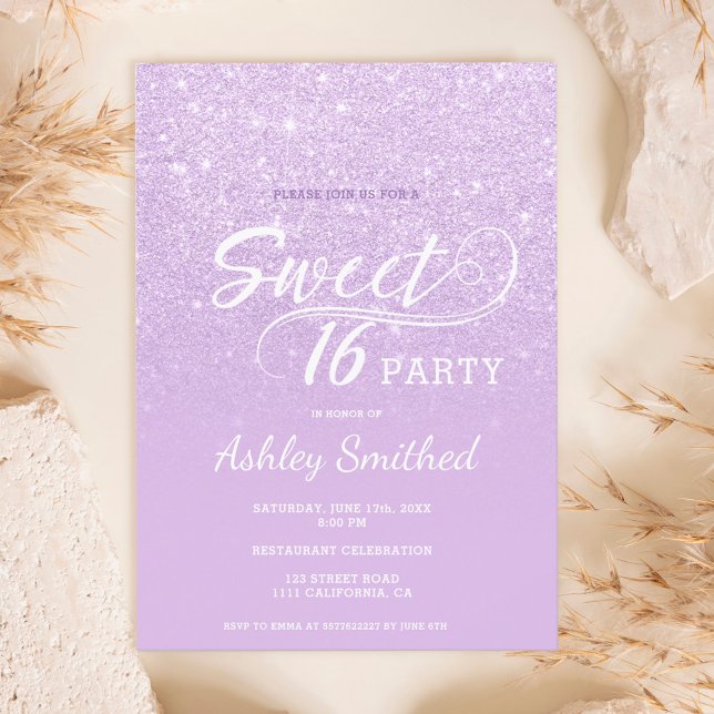 Invitación Dulce morado oscuro purpurina lavanda moderno 16 (Subido por el creador)