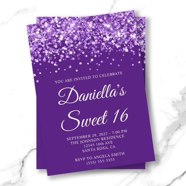 Invitación Dulce morado Purpurinoso 16 (Glittery Royal Purple Sweet 16 Invitation)