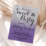 Invitación Dulce morado violeta oscuro morado moderno 16<br><div class="desc">Una moderna ducha bonito purpurina color violeta morado color plata oscura con bloque color violeta morado Invitación a una fiesta de 16 años dulce con un patrón oscuro plateado que se desvanece en un fondo morado. Perfecto para una princesa dulce dieciséis, perfecto para ella, la modistonista que ama el diseño...</div>