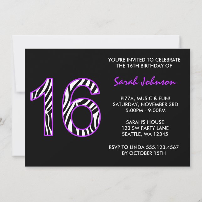 Invitación Dulce morado y negro de cebra 16 cumpleaños (Anverso)