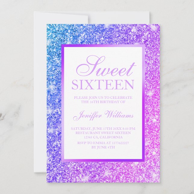 Invitación Dulce morado y Purpurina rosado Girly 16 (Anverso)