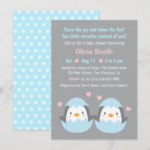 Invitación Dulce Nacimiento de Pingüinos Gemelos Fiesta de Be