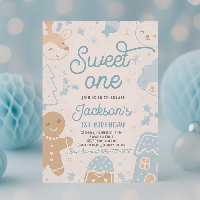 Invitación Dulce Navidades Cookie Primer Fiesta de Cumpleaños (Sweet One Christmas cookie first birthday boy party invitation with gingerbread and festive holiday )