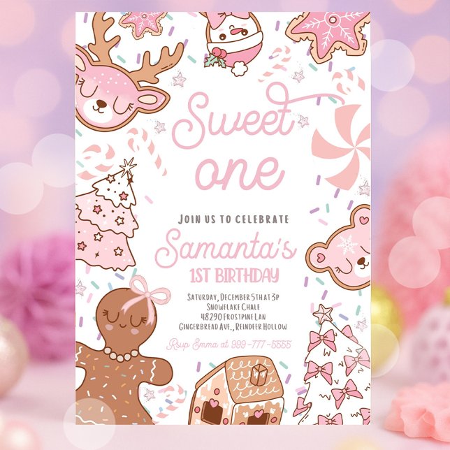 Invitación Dulce Navidades Cookie Primer Fiesta de Cumpleaños (Sweet One Christmas first birthday invitation with holiday cookies, gingerbread, and festive red and)