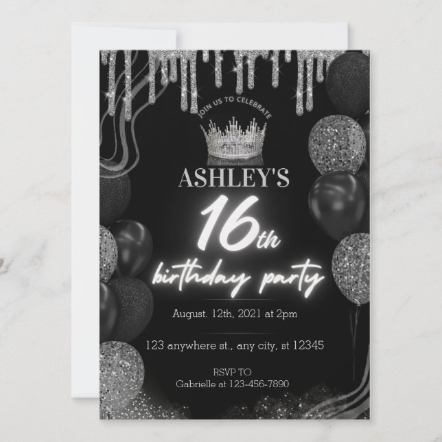 Invitación Dulce negro 16.º Purpurina brillando neón cumpleañ (Anverso)