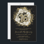 Invitación Dulce negro 16 Globos acuáticos de oro<br><div class="desc">Hágale saber a tus amigos que marquen sus calendarios para tu día especial con estas hermosas y polvorientas invitaciones azules Sweet 16. Cada invitación incluye un diseño festivo con bonitos globos, perfecto para crear un ambiente de diversión y celebración. Ya sea que planees organizar una gran fiesta de baile o...</div>