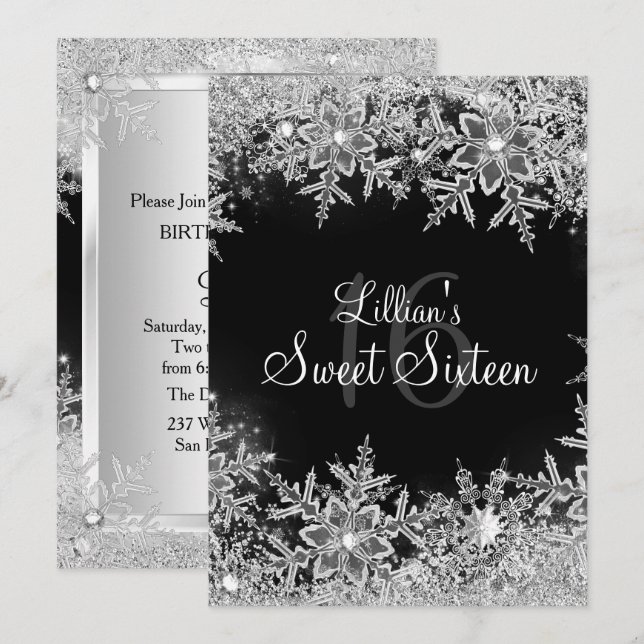 Invitación Dulce negro 16 Invierno de Diamante Snowflake Wond (Anverso / Reverso)
