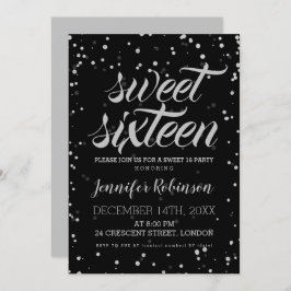 Invitación Dulce negro plateado 16 Purpurina Sparkle Confetti
