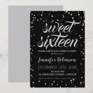 Invitación Dulce negro plateado 16 Purpurina Sparkle Confetti
