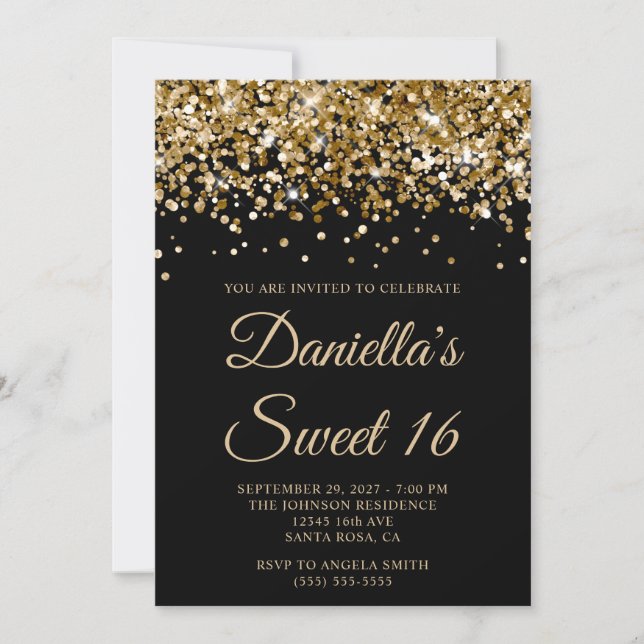 Invitación Dulce negro Purpurina de oro 16 (Anverso)