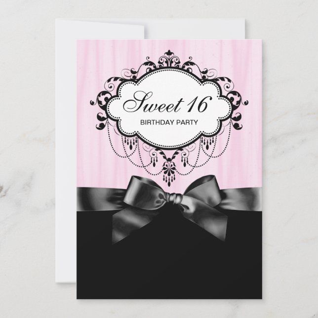 Invitación Dulce negro rosado 16 Fiesta de cumpleaños (Anverso)