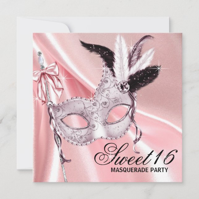 Invitación Dulce negro rosado 16 Fiesta de mascarada (Anverso)