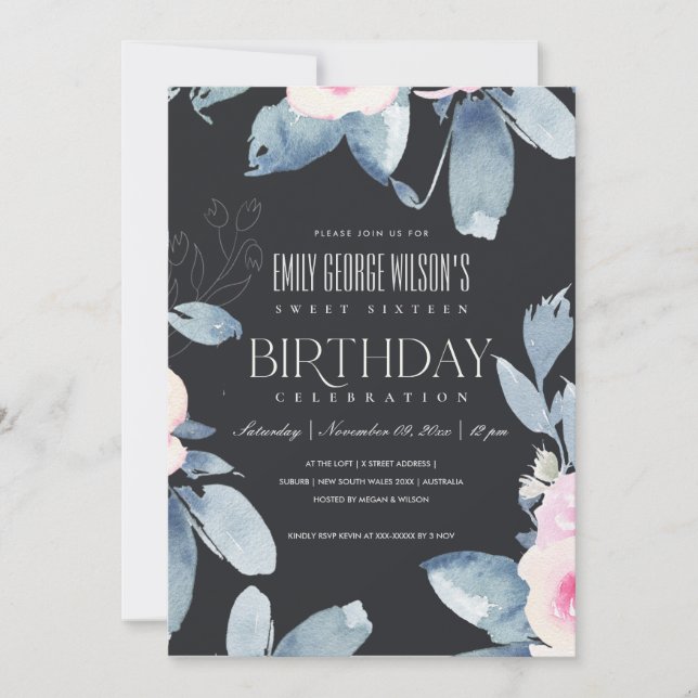 INVITACIÓN DULCE NEGRO RUBOR AZUL FLORAL 16 CUALQUIER CUMPLEA (Anverso)