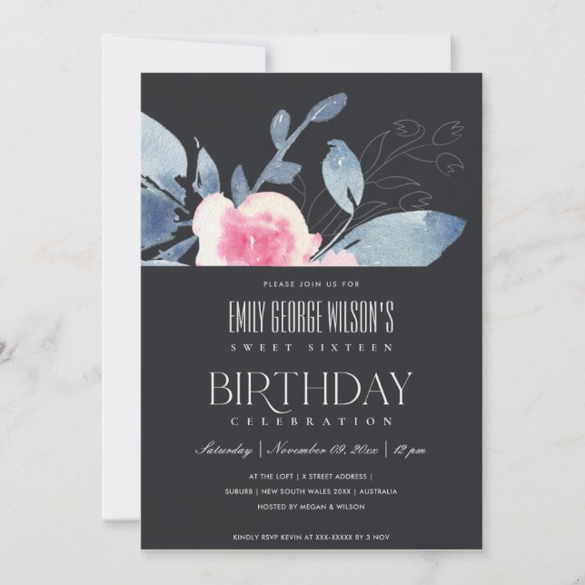 INVITACIÓN DULCE NEGRO RUBOR AZUL FLORAL 16 CUALQUIER CUMPLEA (Anverso)
