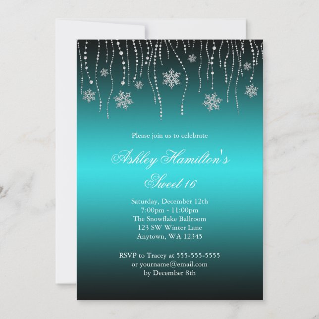 Invitación Dulce negro verde azulado de los copos de nieve (Anverso)